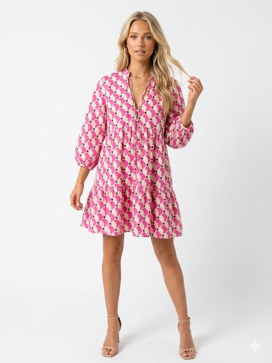 Zara Dresses & Skirts - ZARA Geometric Pink & White Tiered Tunic Mini Dress Size L